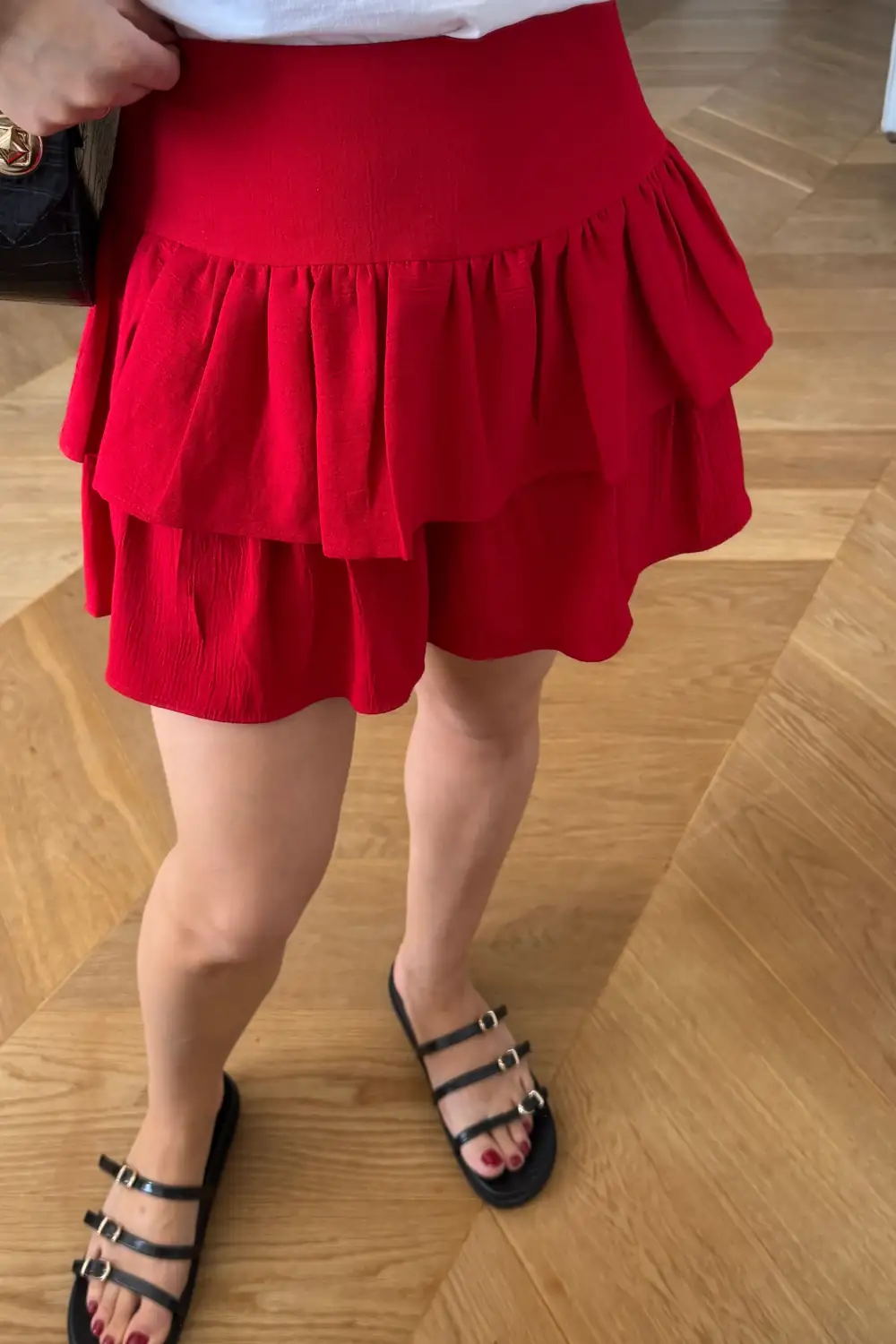 Volanlı Mini Şort Etek - Kırmızı