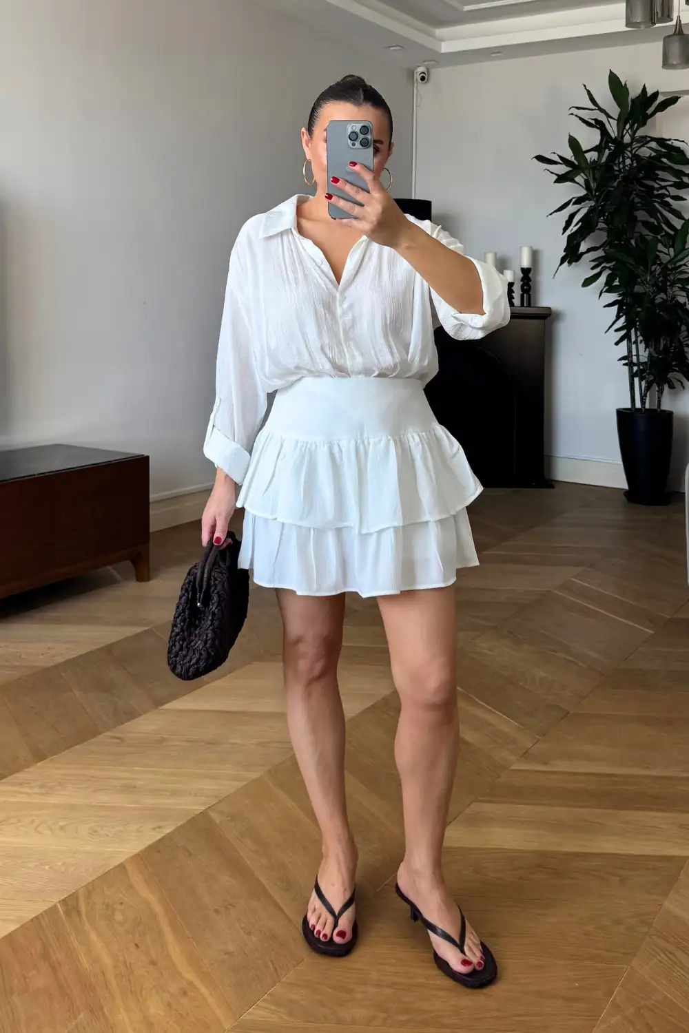Volanlı Mini Şort Etek - Beyaz