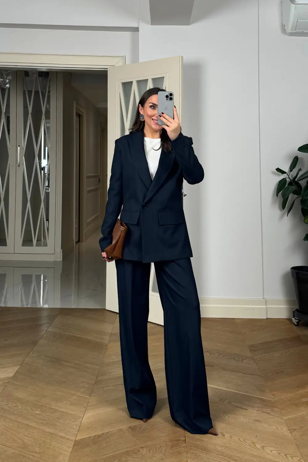 Kruvaze Çizgili Blazer Ceket Pantolon Kadın Takım - Lacivert