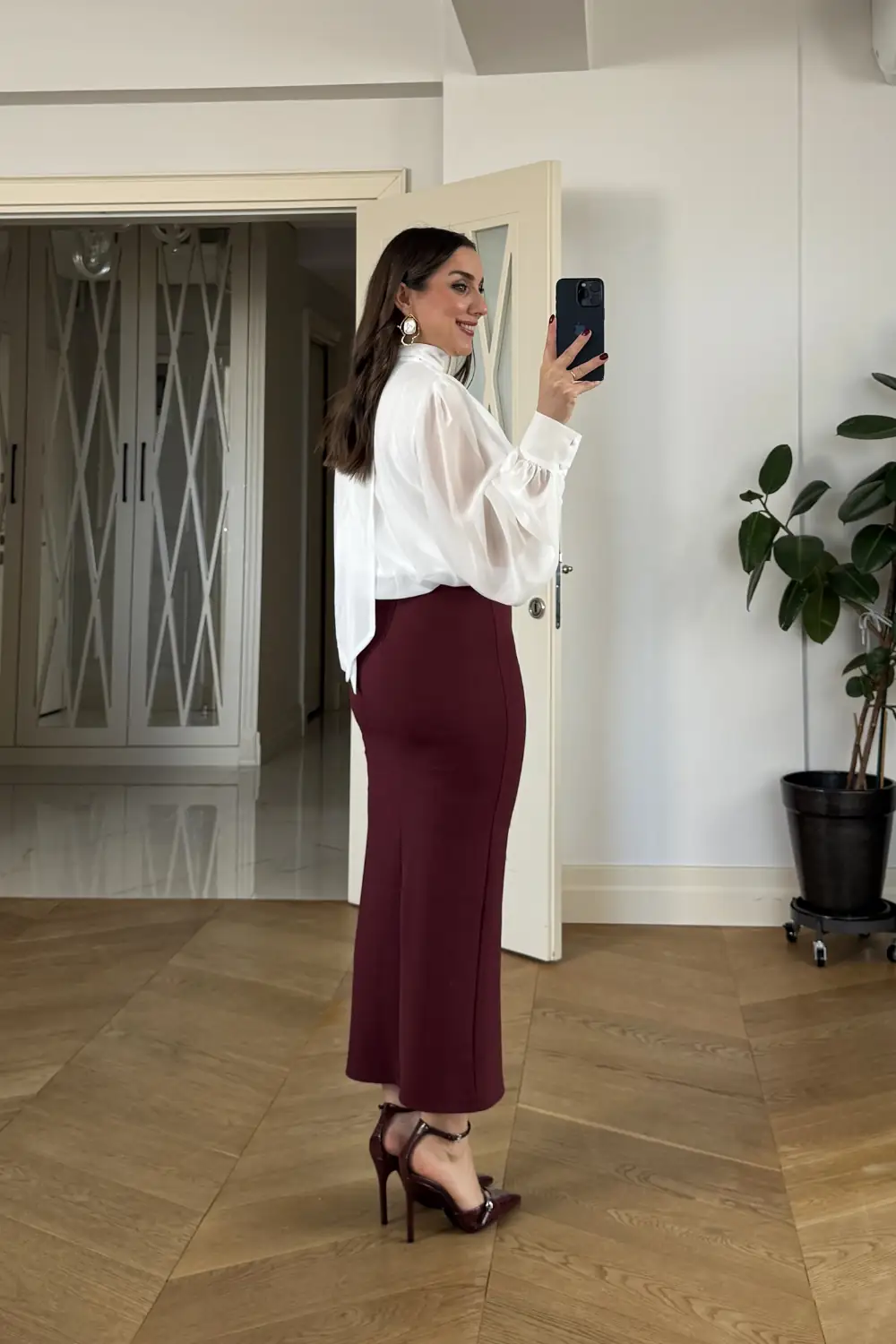 Yırtmaçlı Düğme Detaylı Midi Kalem Etek - BORDO