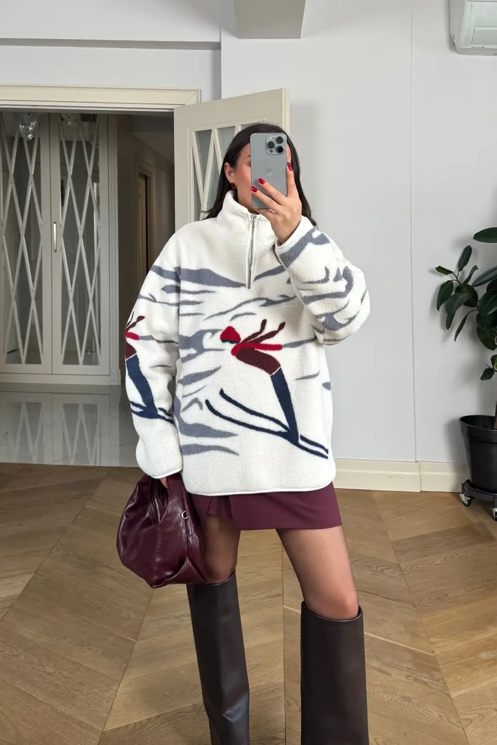 Dik Yaka Fermuarlı Polar Kadın Sweatshirt - Ekru
