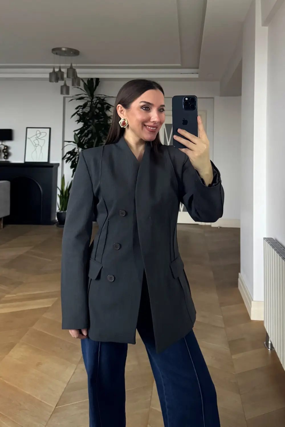 Yakasız Blazer Kadın Ceket - Antrasit