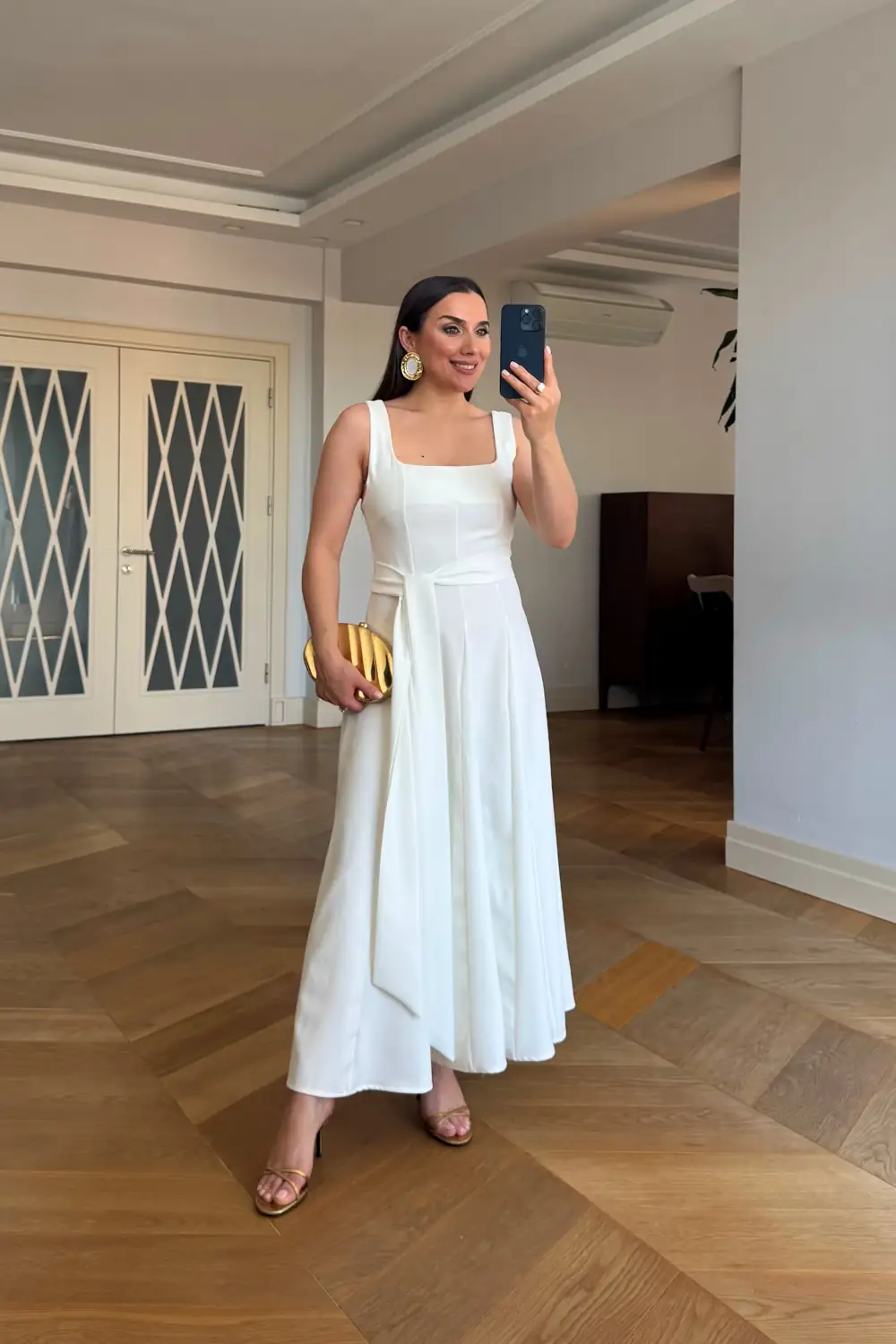 Kare Yaka Askılı Midi Elbise 4