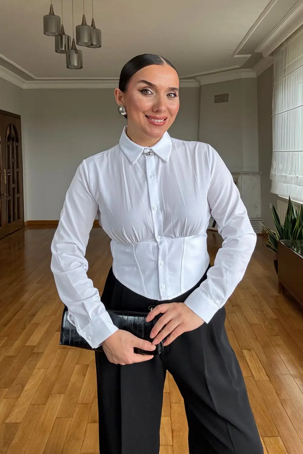 Korse Görünümlü Uzun Kollu Poplin Gömlek - Beyaz
