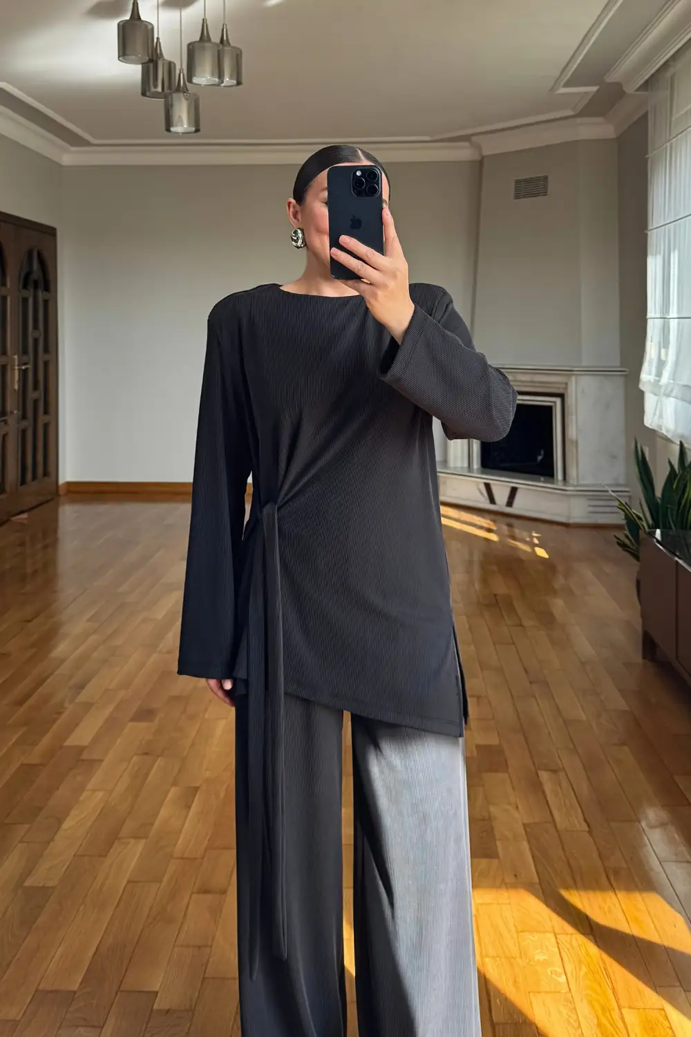 Vatkalı Bağlama Detaylı Bluz Pantolon Takım 3