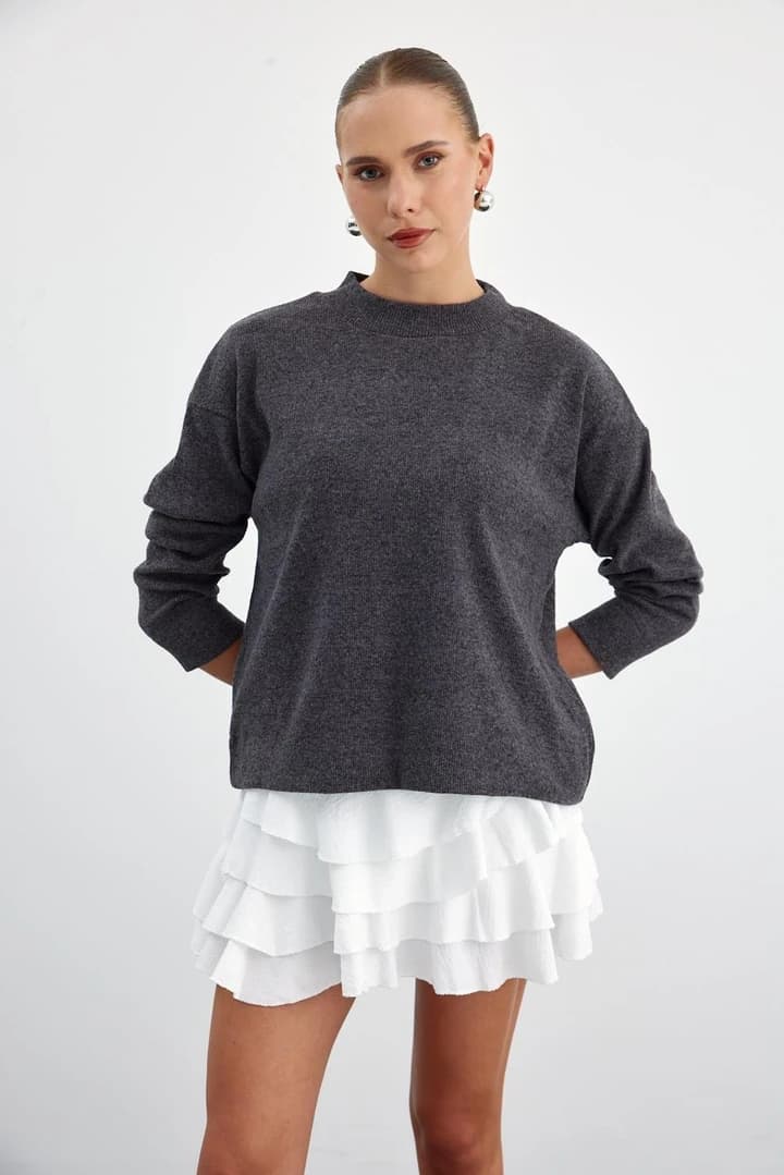 Yumuşak Dokulu Yarım Balıkçı Kadın Sweatshirt - Antrasit