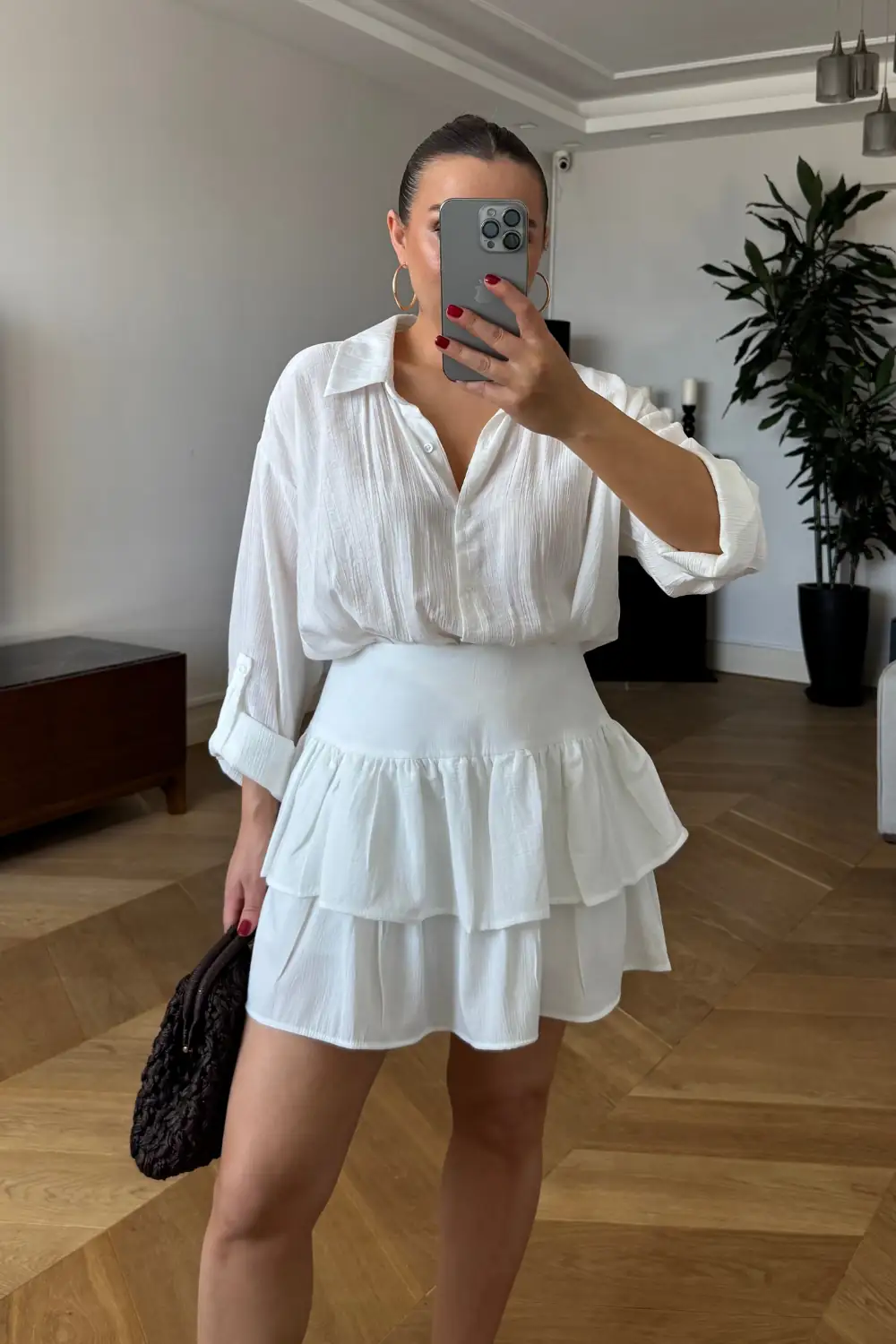 Volanlı Mini Şort Etek - Beyaz