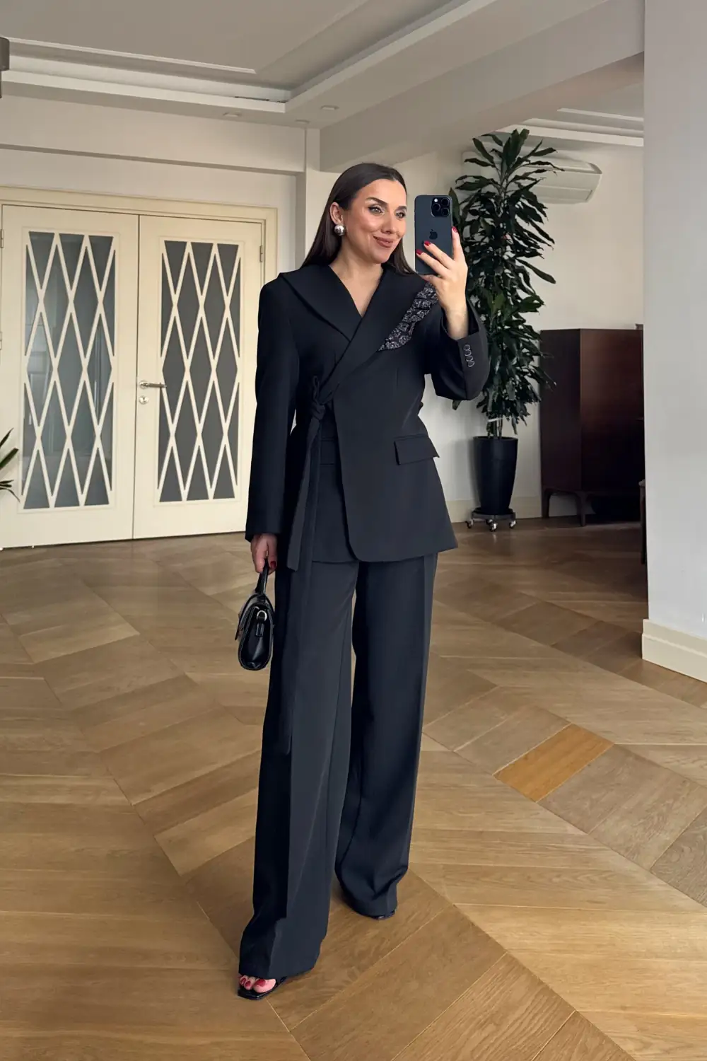 Pelerin Detaylı Blazer Ceket Pantolon Kadın Takım - SİYAH