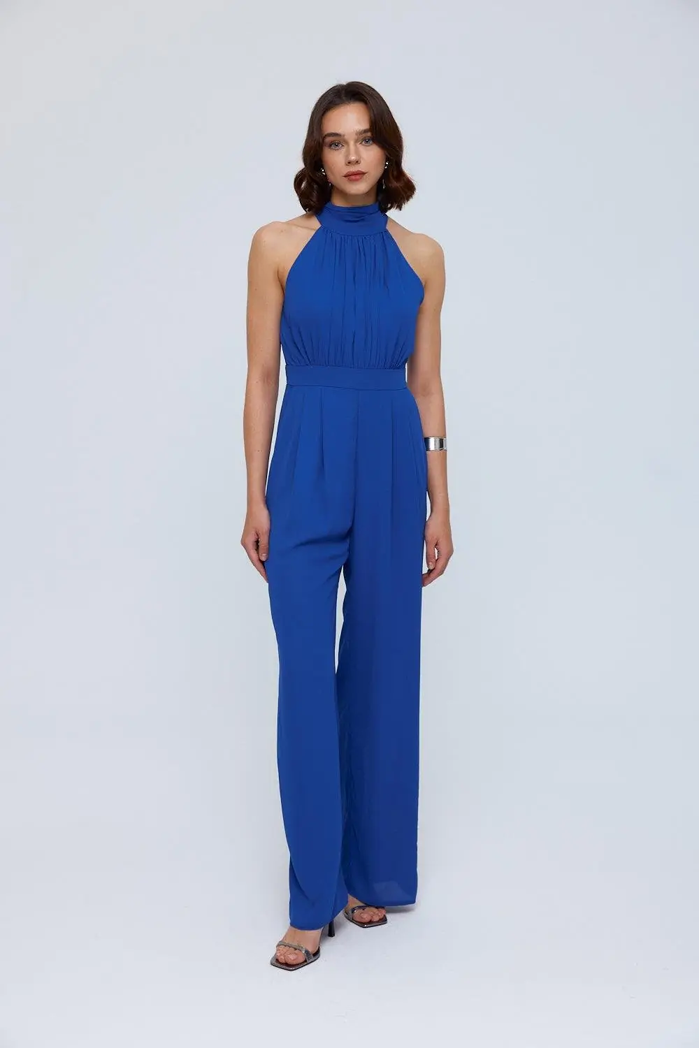 Halter Yaka Uzun Kadın Tulum - SAKS MAVİ