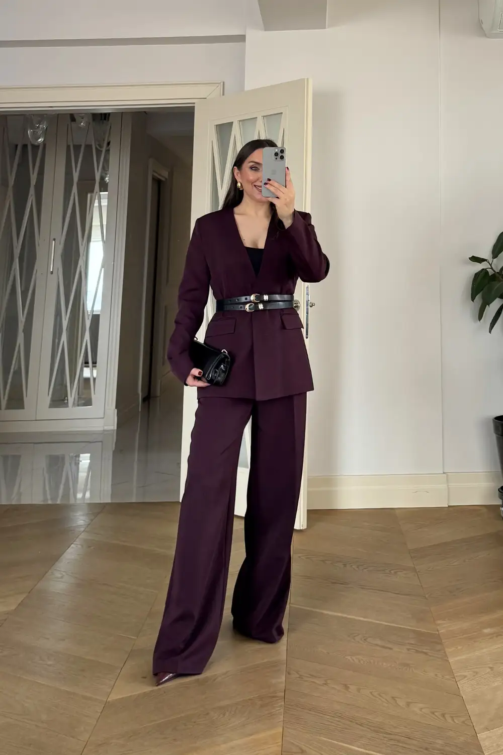 V Yaka Kemerli Ceket Pantolon Kadın Takım 2