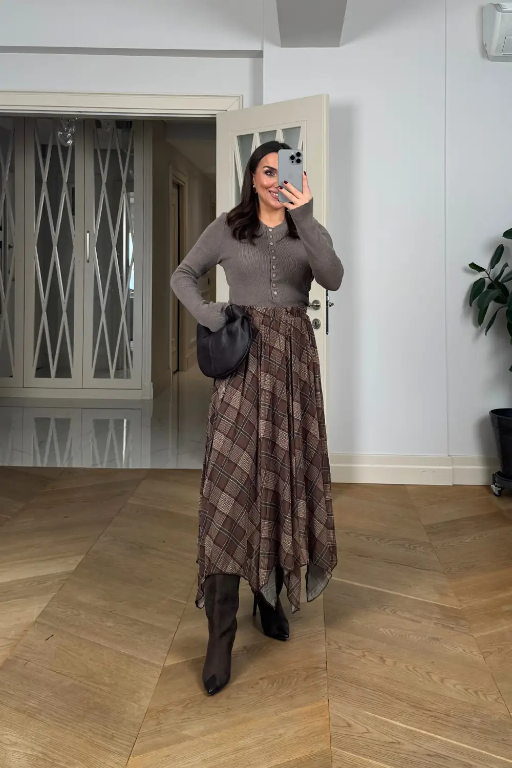 Desenli Şifon Midi Etek - Kahverengi