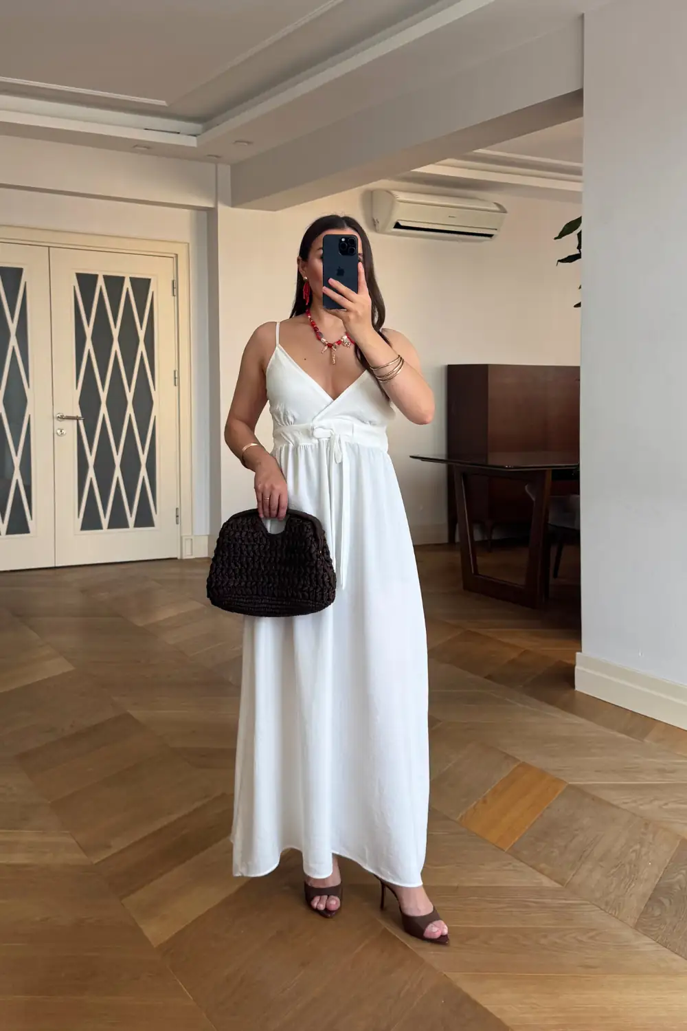 Askılı Beli Bağlamalı Uzun Elbise - Beyaz