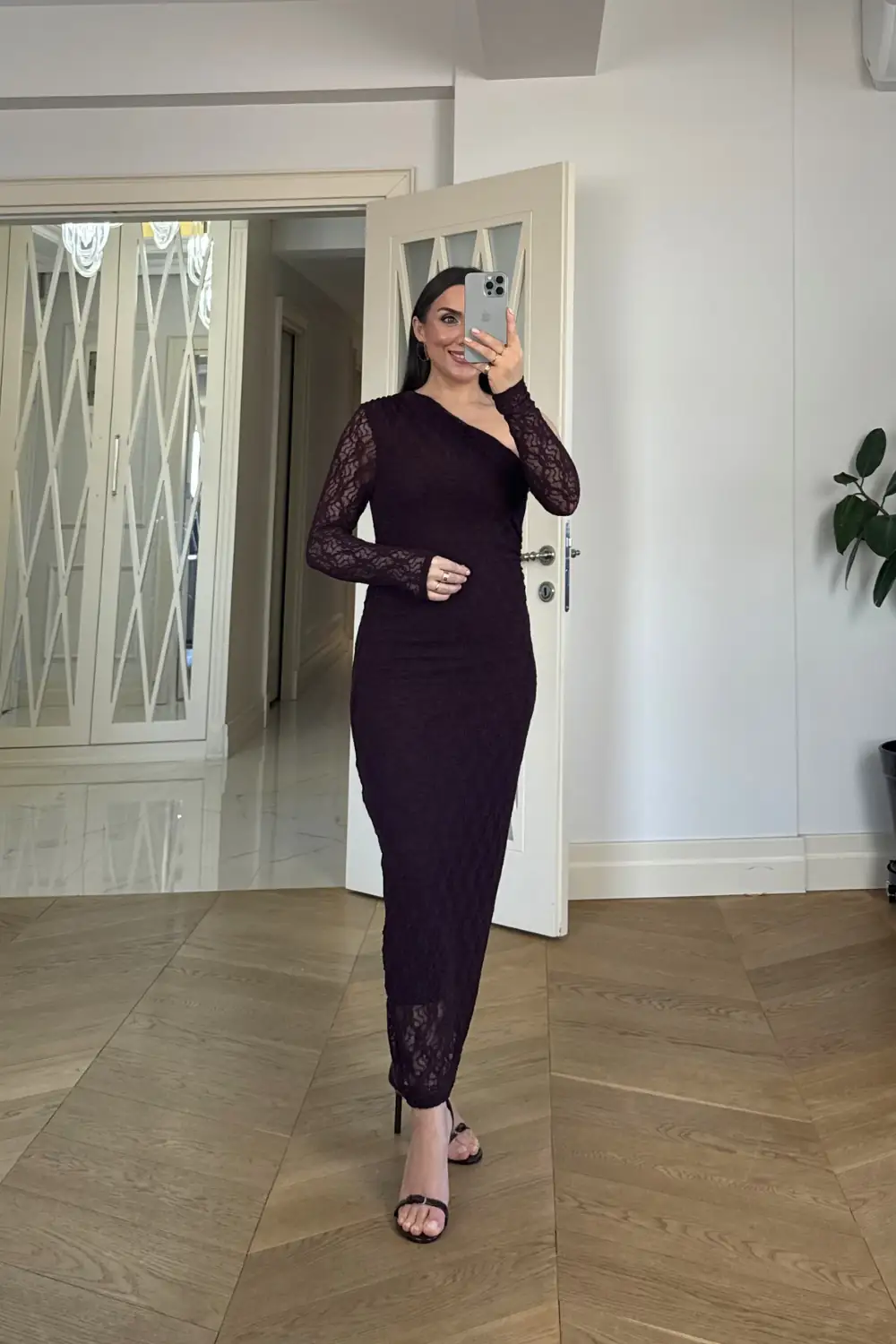 Asimetrik Yaka Dantel Midi Elbise - BORDO