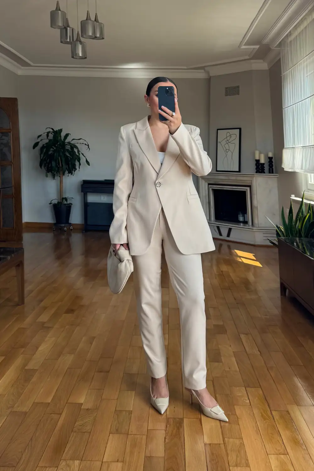 Tek Düğme Blazer Ceket Pantolon Kadın Takım - Bej