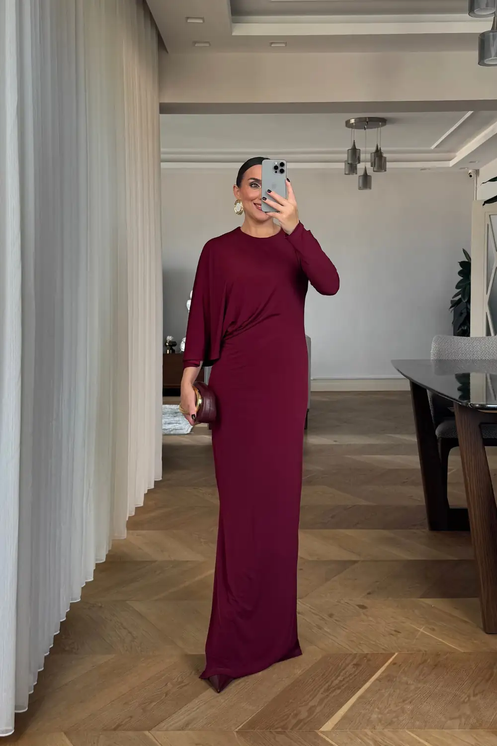 Yarasa Tek Kol Detaylı Uzun Elbise 6