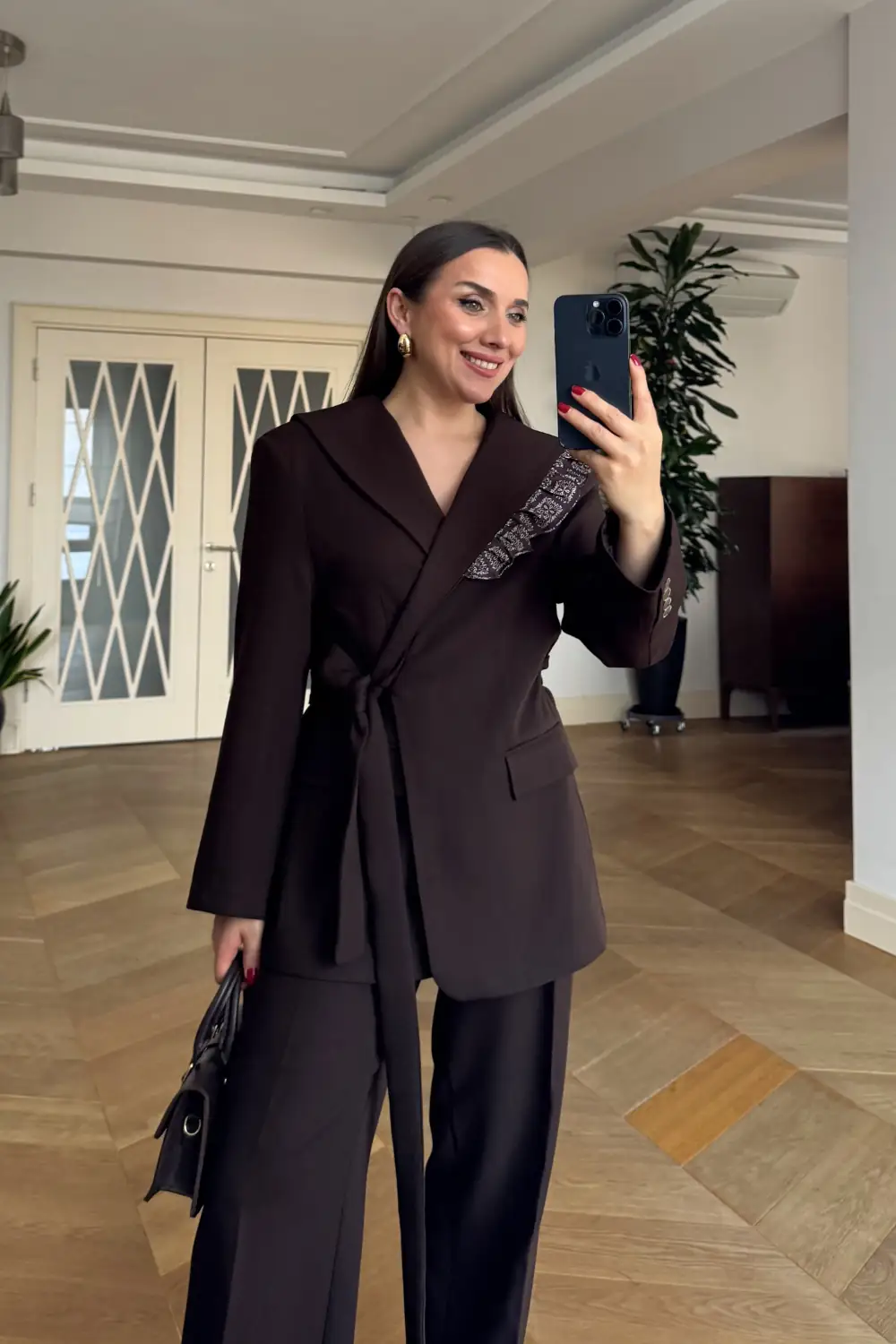 Pelerin Detaylı Blazer Ceket Pantolon Kadın Takım - Kahverengi