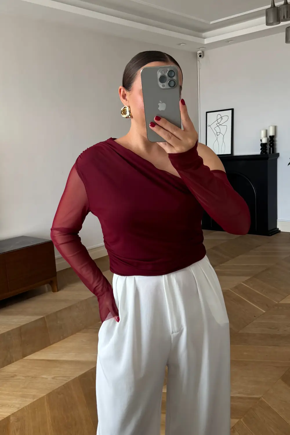 Drapeli Asimetrik Kesim Tül Bluz - BORDO