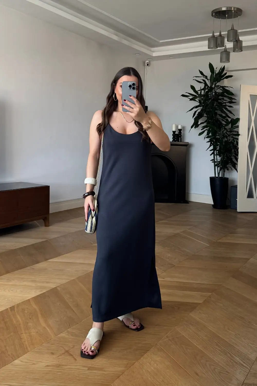 Standart Beden Basic Ayarlanabilir Askılı Uzun Elbise 1