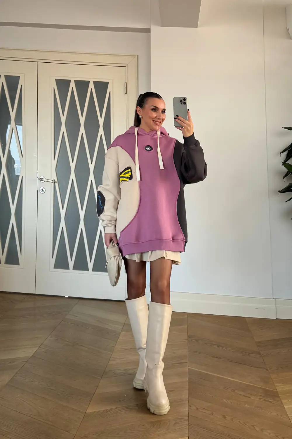 Blok Renkli Kapüşonlu Kadın Sweatshirt - Gülkurusu