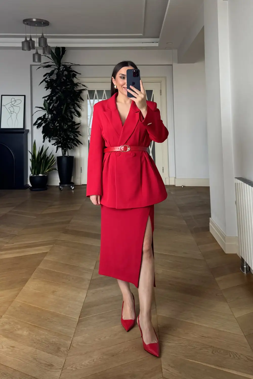 Kemerli Blazer Kadın Ceket - Kırmızı