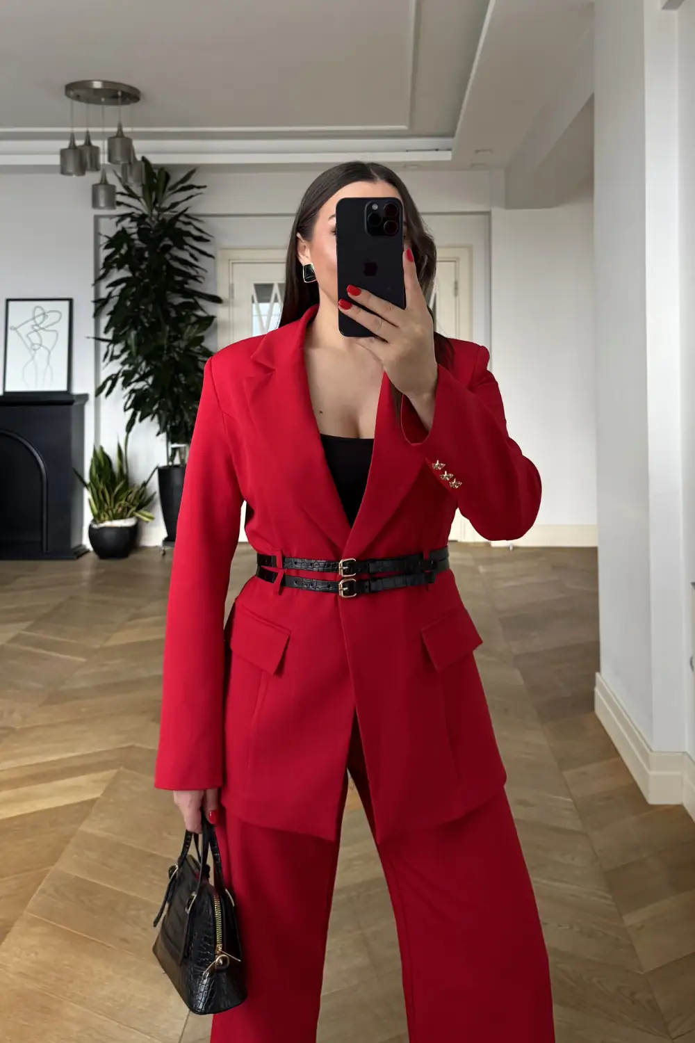 Çift Kemerli Blazer Ceket Pantolon Kadın Takım