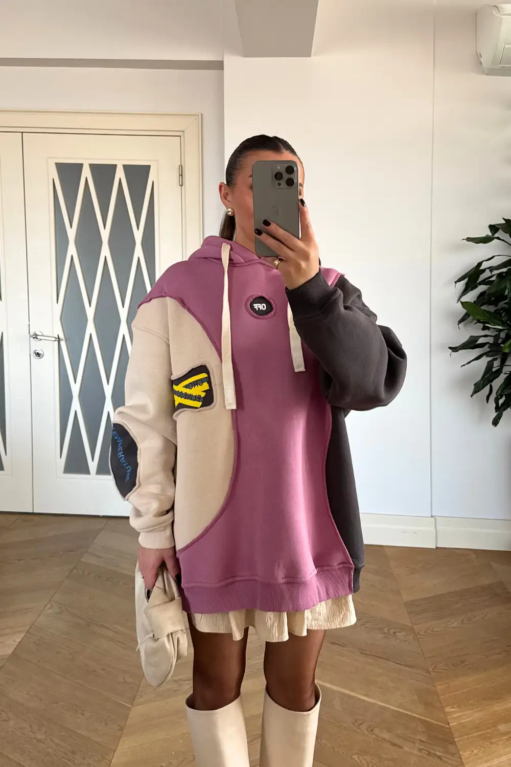 Blok Renkli Kapüşonlu Kadın Sweatshirt - Gülkurusu