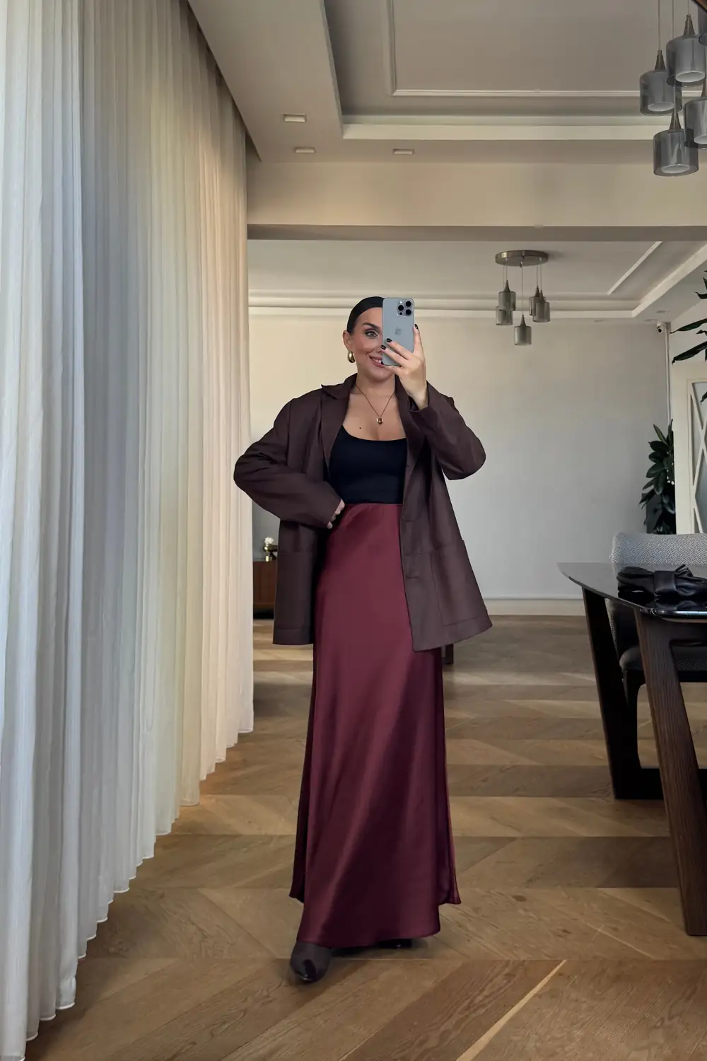 Beli Lastikli Uzun Saten Etek - BORDO