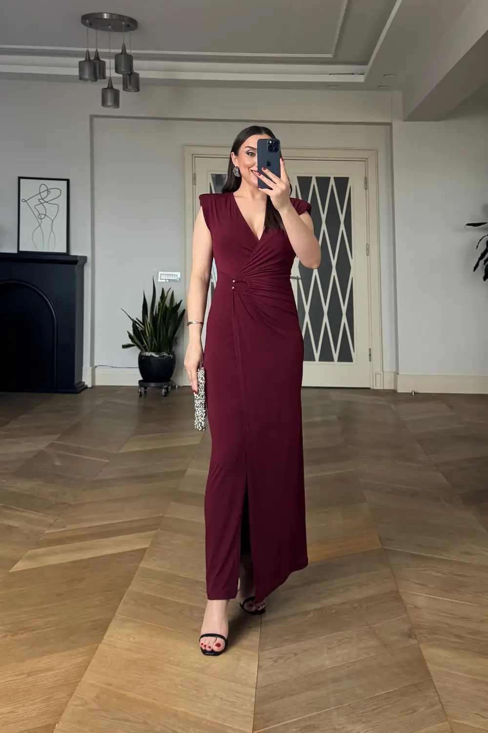Kruvaze Yaka Vatkalı Uzun Elbise - BORDO