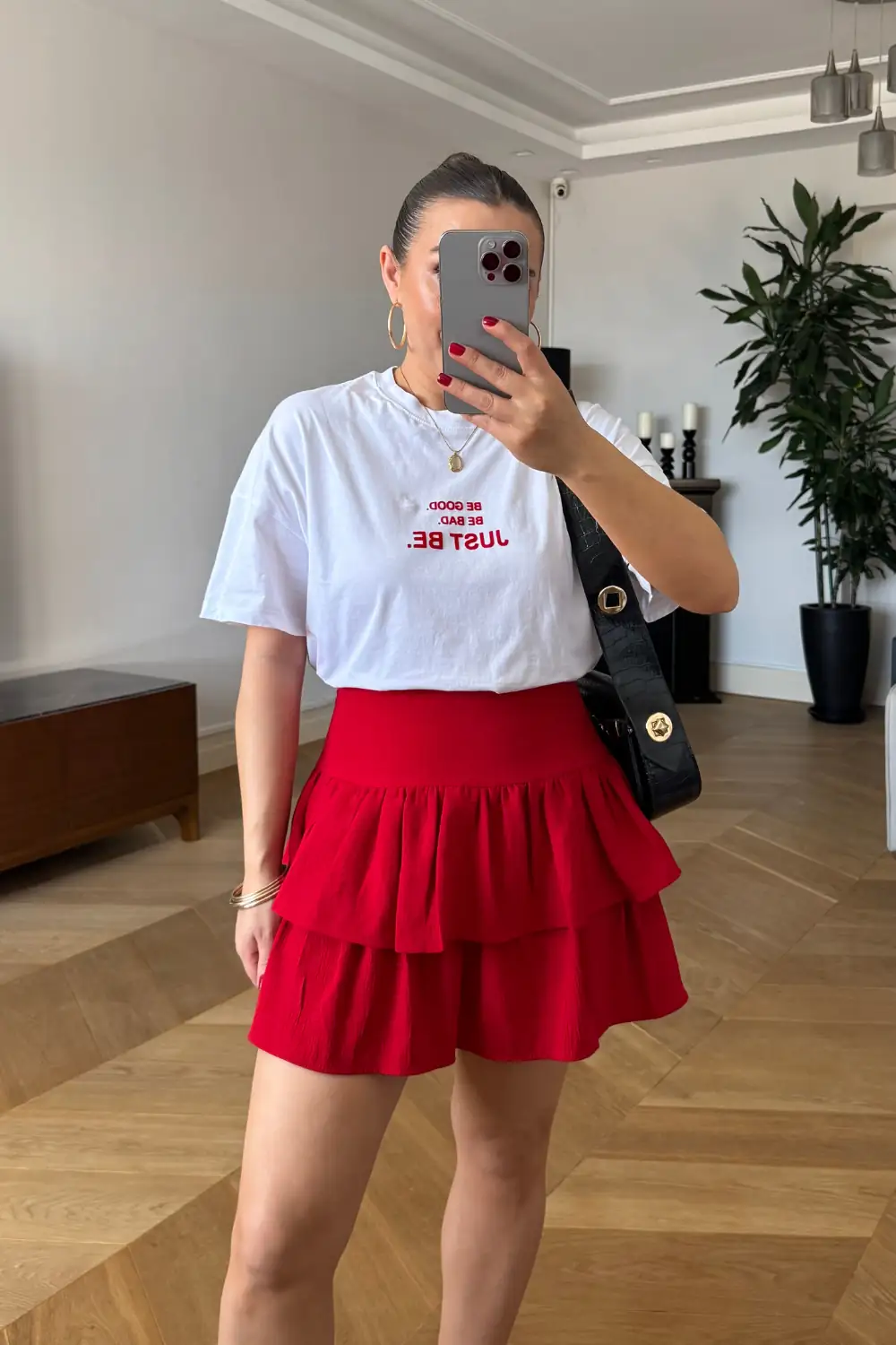 Volanlı Mini Şort Etek - Kırmızı