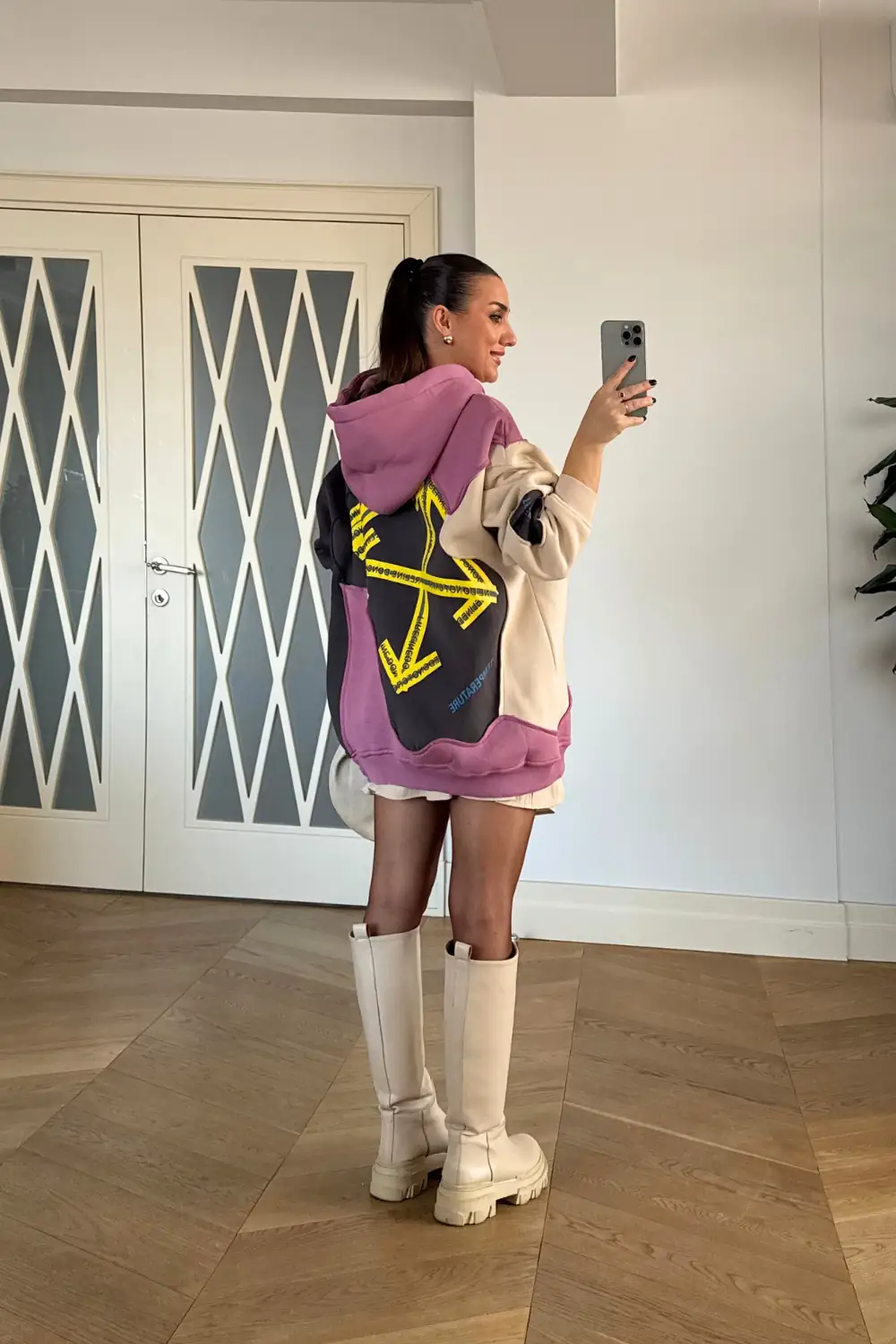 Blok Renkli Kapüşonlu Kadın Sweatshirt - Gülkurusu
