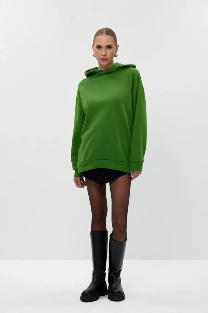 Basic Kapüşonlu Kadın Sweatshirt - Yeşil