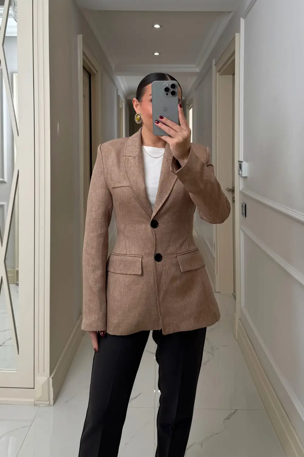 Vücuda Oturan Blazer Kadın Ceket - Vizon