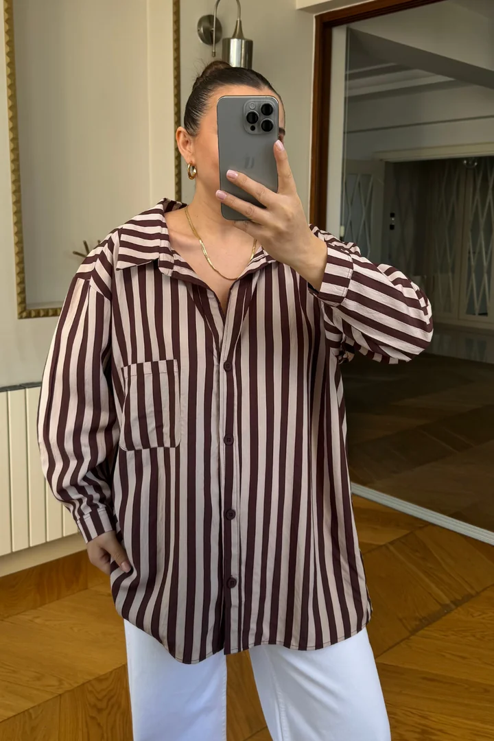 Oversize Çizgili Kadın Gömlek 3