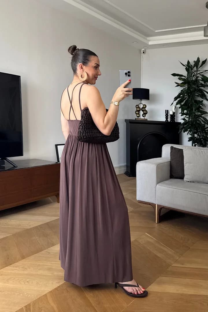 Modal Çapraz Askılı Kadın Tulum - Kahverengi