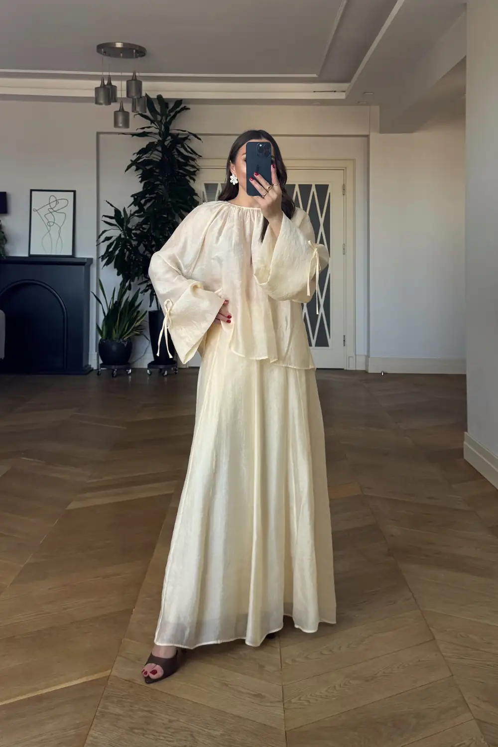 Büzgü Detaylı Bluz Etek Tencel Takım - Sarı