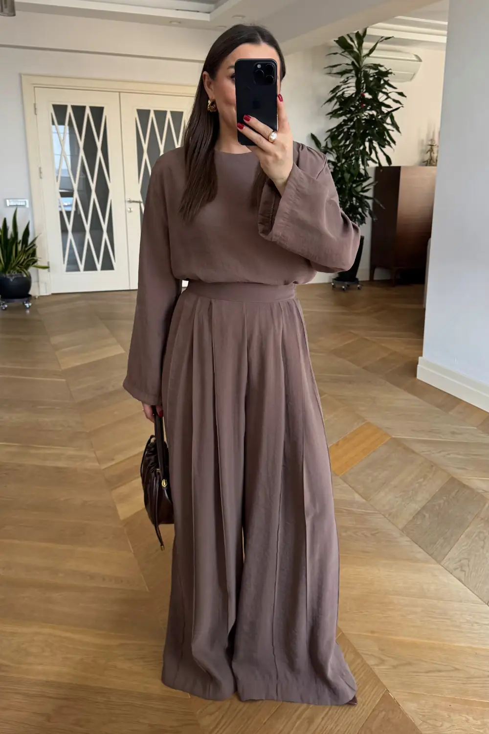 Pile Detaylı Bluz Pantolon Takım - Kahverengi