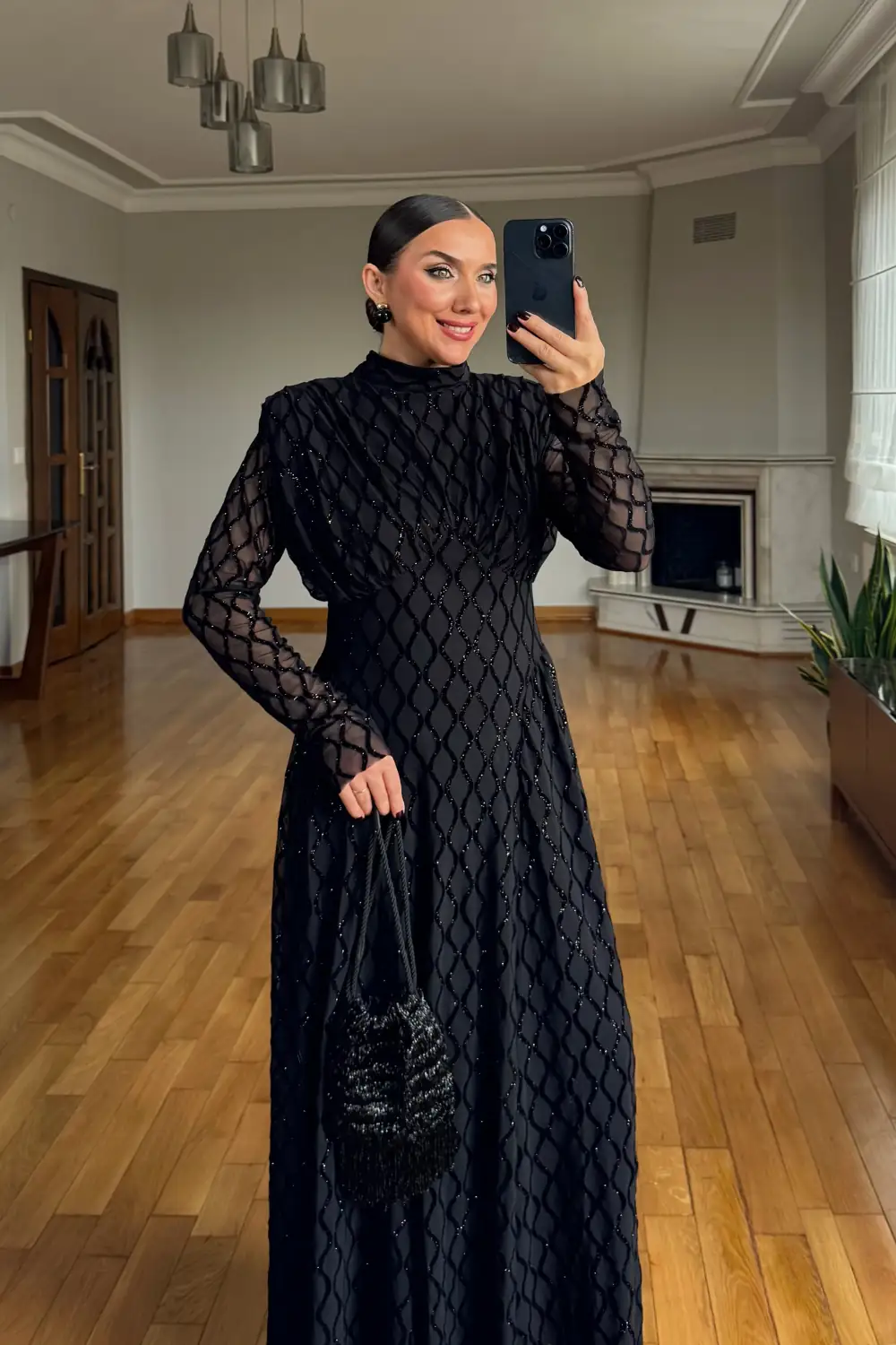 Dik Yaka Vatkalı Uzun Kollu Maxi Elbise 3