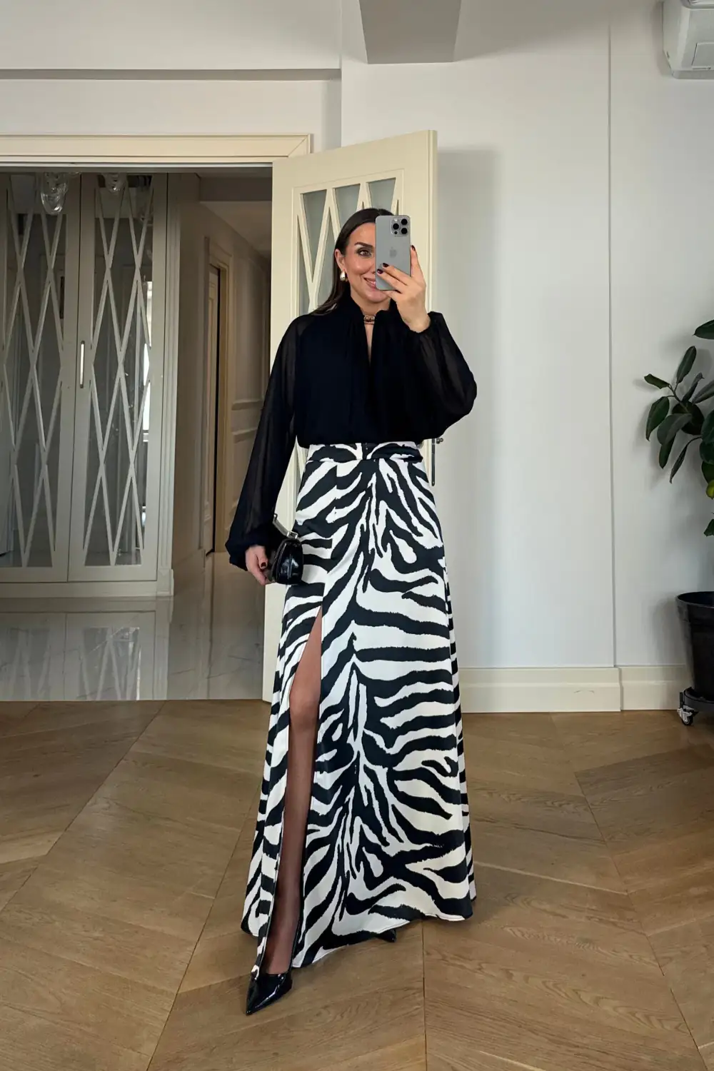 Zebra Desenli Yırtmaçlı Uzun Etek 3