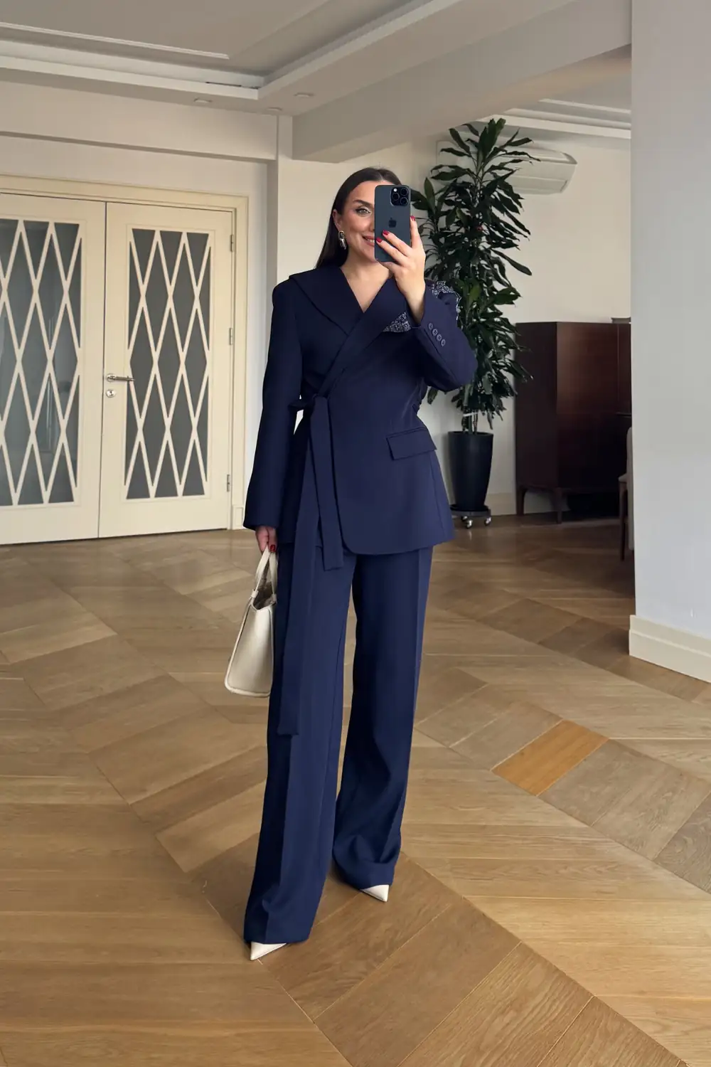 Pelerin Detaylı Blazer Ceket Pantolon Kadın Takım - Lacivert