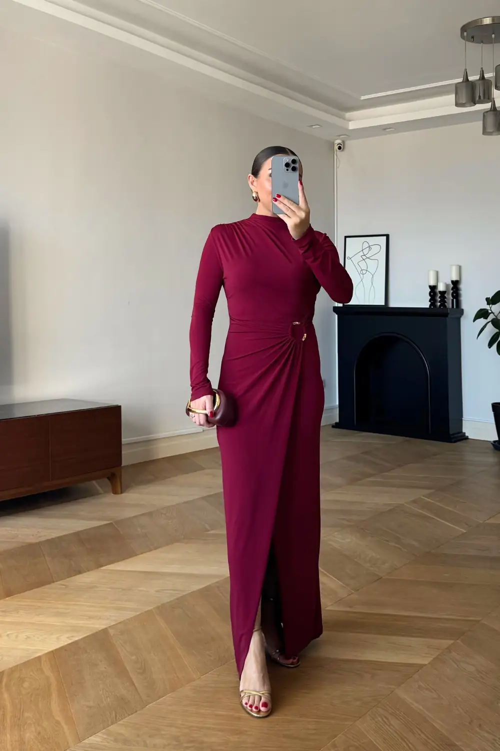 Toka Detaylı Uzun Kollu Uzun Elbise 4
