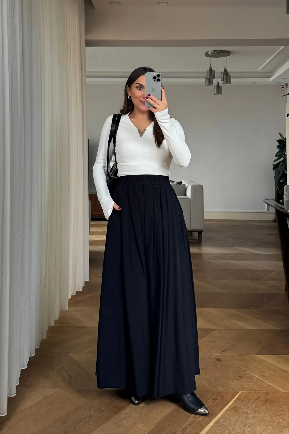 Beli Lastikli Uzun Poplin Etek - SİYAH