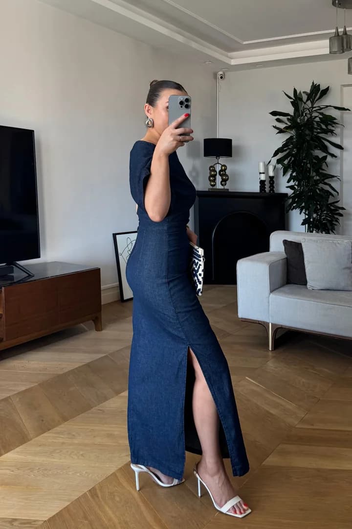 Drape Detaylı Likralı Midi Denim Elbise - Lacivert