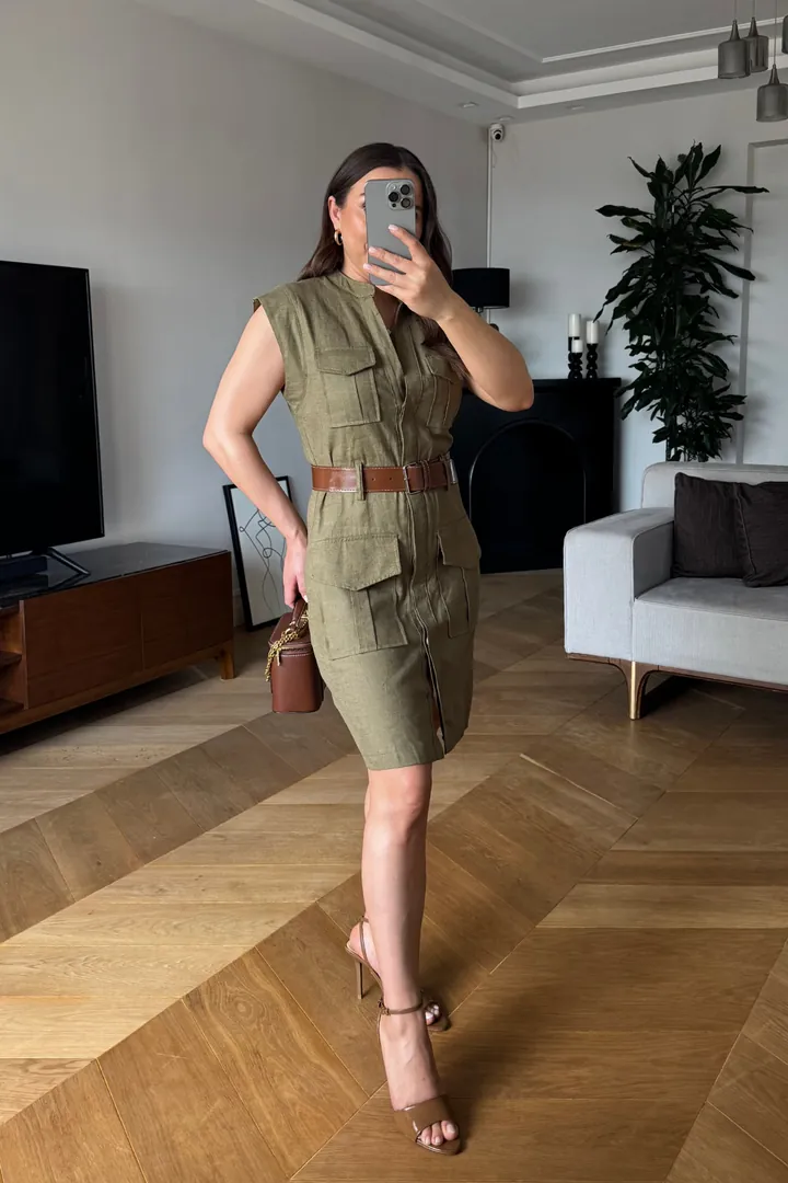 Kemerli Keten Mini Elbise 8