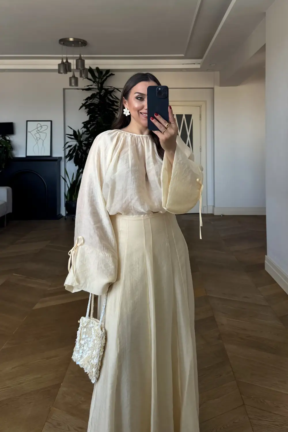 Büzgü Detaylı Bluz Etek Tencel Takım - Sarı