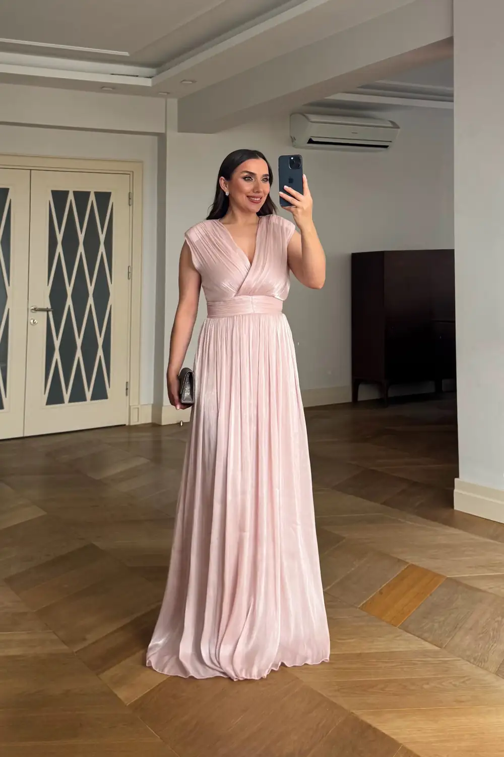 Kruvaze Yaka Sıfır Kol Uzun Elbise - Pudra Pembe