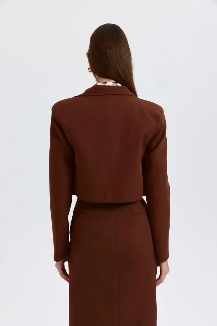 Vatkalı Blazer Crop Kadın Ceket - Kahverengi