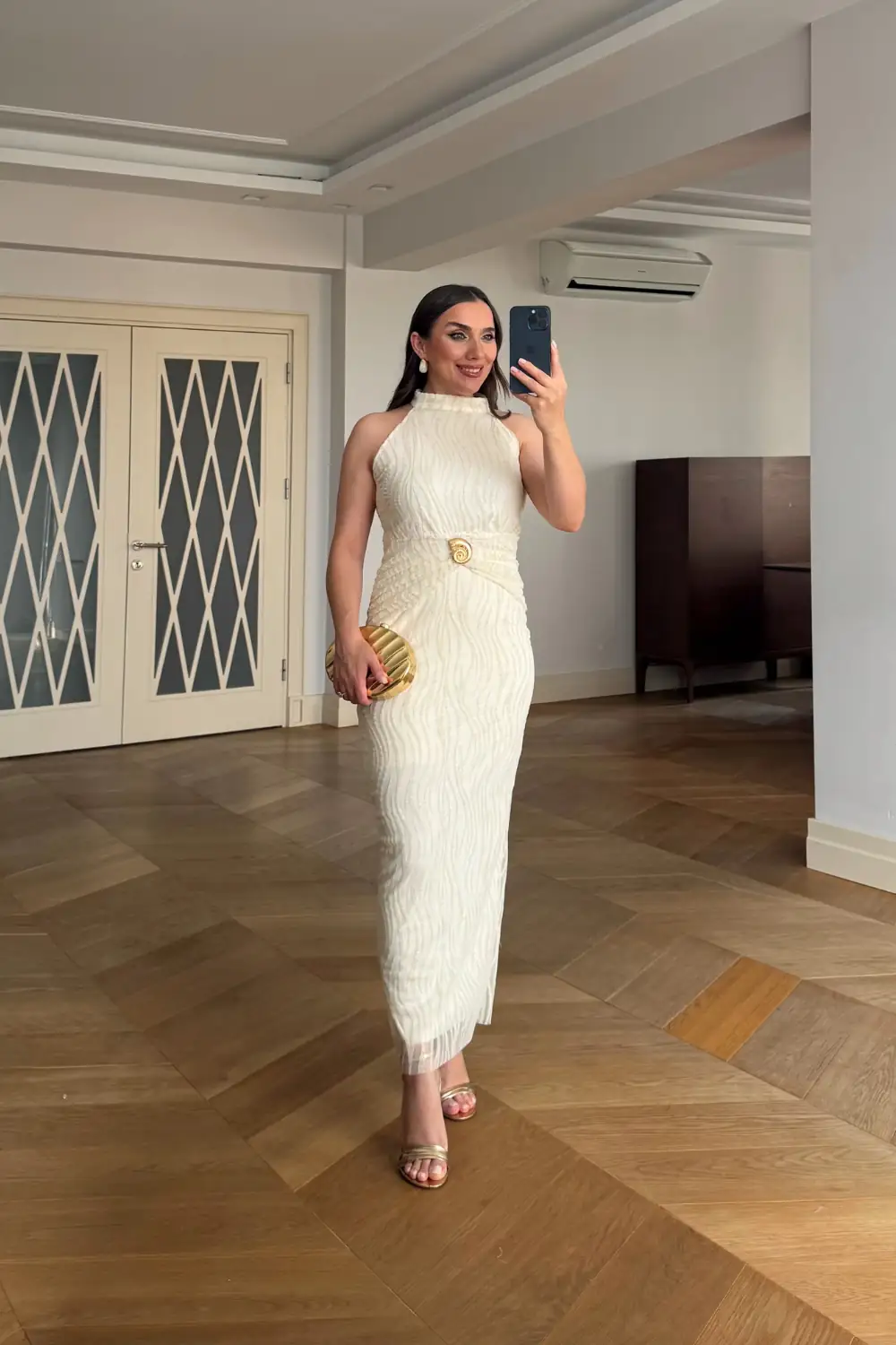 Halter Yaka Bağlamalı Tül Uzun Elbise 1