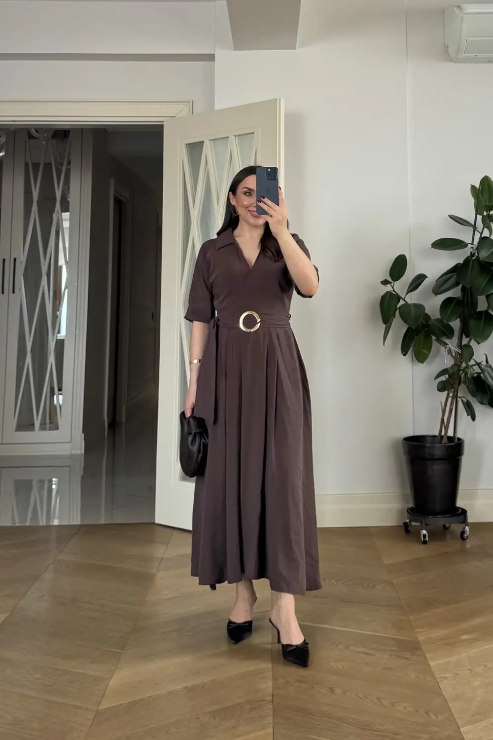 Kruvaze Yaka Kısa Kollu Uzun Elbise 3