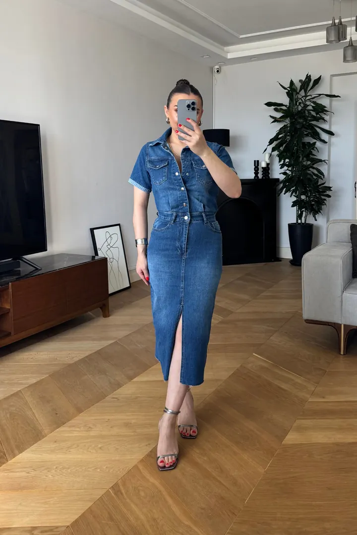 Kısa Kollu Midi Denim Elbise - MAVİ