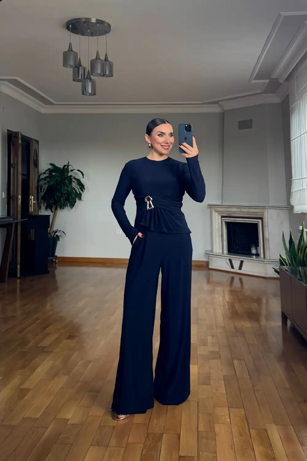 Toka Detaylı Bluz Pantolon Kadın Takım - Lacivert